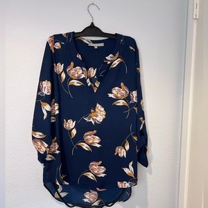 Beautiful, navy, 3/4 length sleeved blouse with tulips